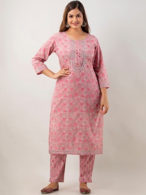 

Lee Moda Women Pink Floral Printed Kantha Work Pure Cotton Kurta with Trousers