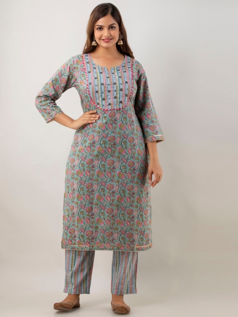 

Lee Moda Women Grey Floral Printed Thread Work Pure Cotton Kurti with Trousers