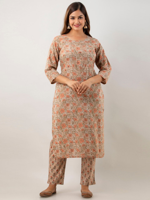 

Lee Moda Women Beige Floral Printed Thread Work Pure Cotton Kurti with Trousers