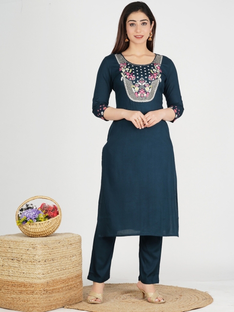 

JAIPURI COLLECTION Women Blue Floral Embroidered Kurta with Trousers