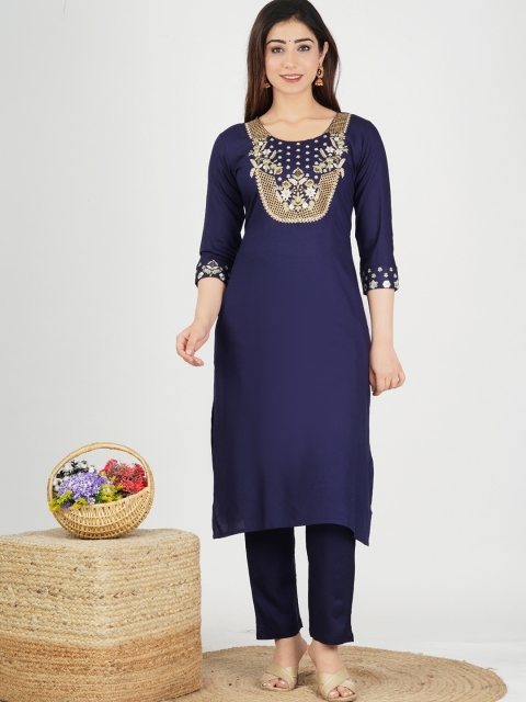 

JAIPURI COLLECTION Women Navy Blue Floral Embroidered Kurta with Trousers