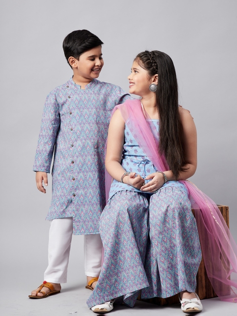 

Stylo Bug Boys Blue Printed Pure Cotton Kurta with Pyjamas