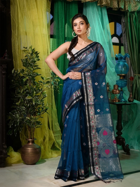 

Charukriti Blue & Silver-Toned Floral Zari Pure Silk Saree