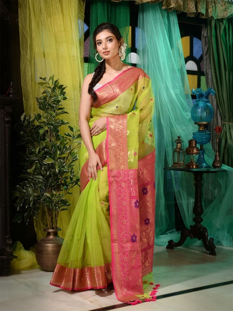 

Charukriti Green & Pink Woven Design Zari Pure Silk Saree