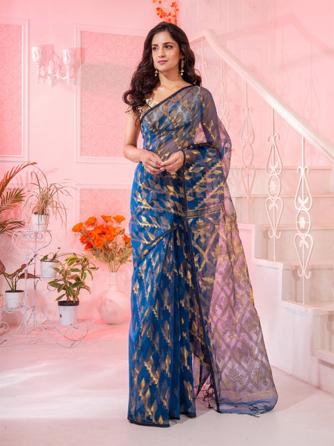 

Charukriti Blue & Gold-Toned Woven Design Pure Silk Saree