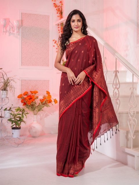 

Charukriti Maroon & Gold-Toned Woven Design Pure Cotton Saree