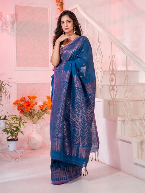 

Charukriti Women Blue & Gold-Toned Woven Design Pure Cotton Handloom Saree