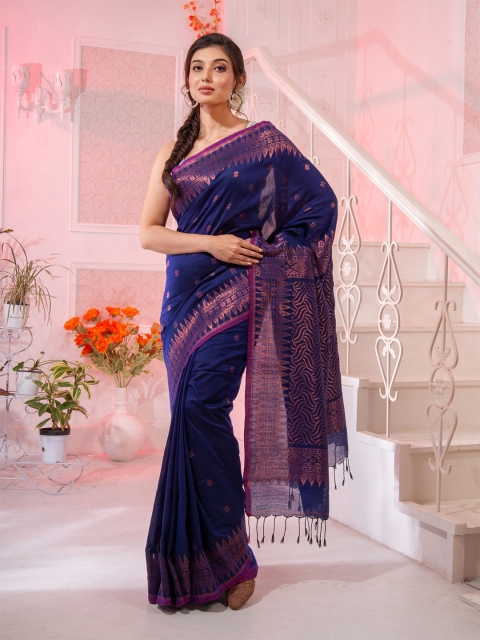 

Charukriti Blue & Gold-Toned Woven Design Pure Cotton Saree