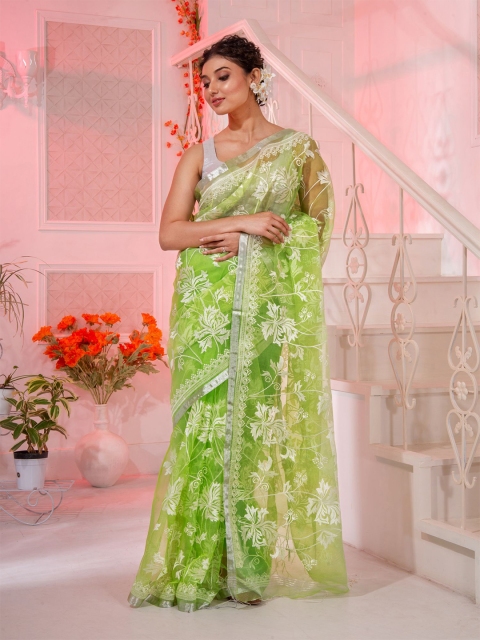 

Charukriti Green & White Woven Design Pure Silk Saree