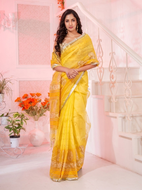 

Charukriti Women Yellow & Silver-Toned Ethnic Motifs Pure Silk Handloom Saree