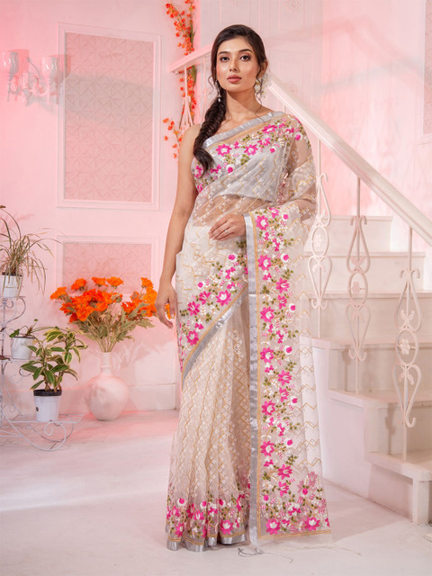 

Charukriti White & Pink Floral Embroidered Saree