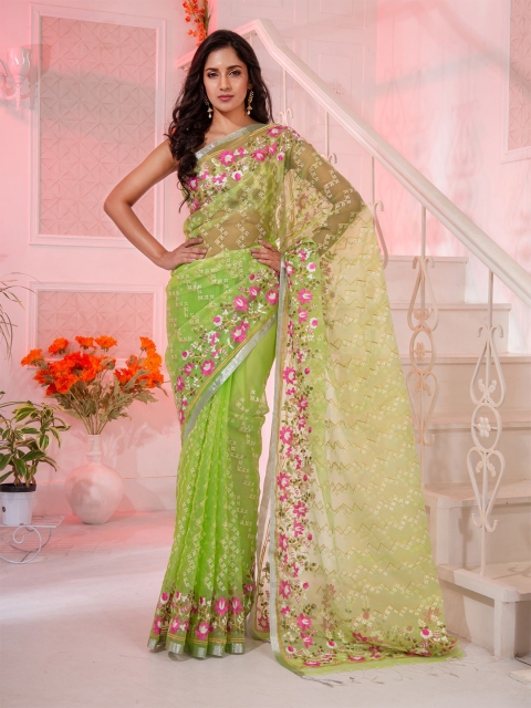 

Charukriti Green & White Floral Zari Pure Silk Saree