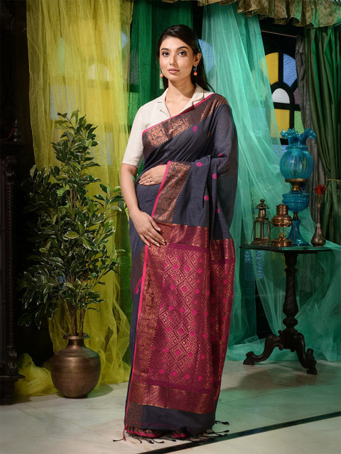 

Charukriti Grey & Maroon Woven Design Zari Pure Cotton Saree