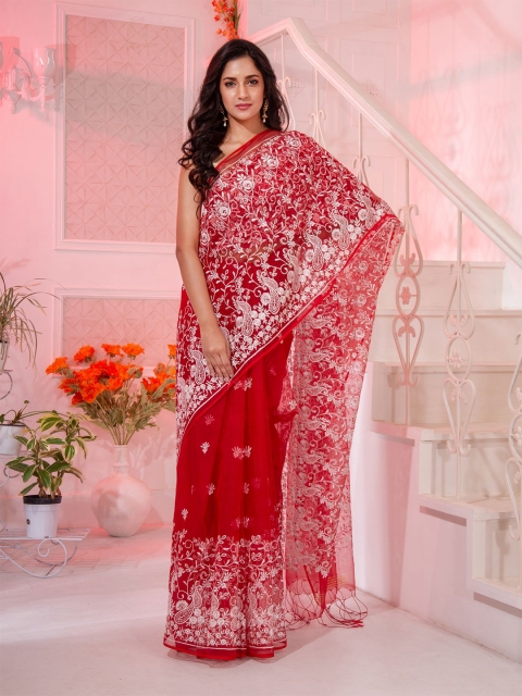 

Charukriti Red & White Floral Pure Silk Saree