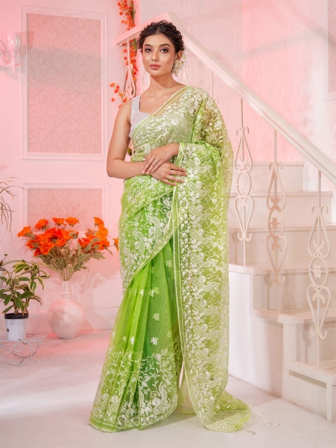 

Charukriti Green & White Floral Pure Silk soft Saree