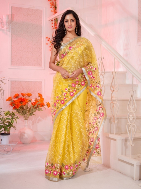 

Charukriti Yellow & Red Woven Design Embroidered Pure Silk Saree