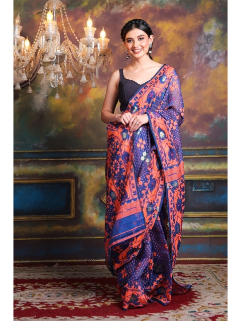 

Charukriti Orange & Pink Woven Design Silk Cotton Jamdani Saree