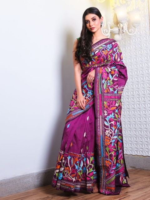 

Charukriti Purple & Blue Floral Kantha Work Satin Saree