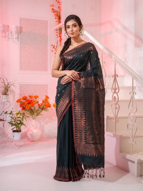 

Charukriti Black & Copper-Toned Woven Design Pure Cotton Saree