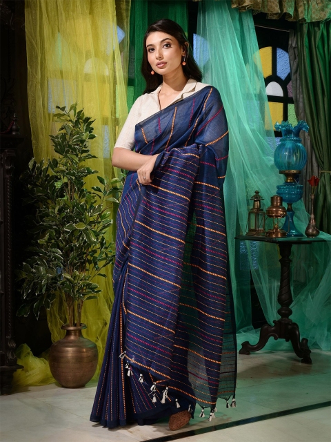 

Charukriti Blue & Pink Woven Design Pure Linen Saree With Unstitched Blouse Piece