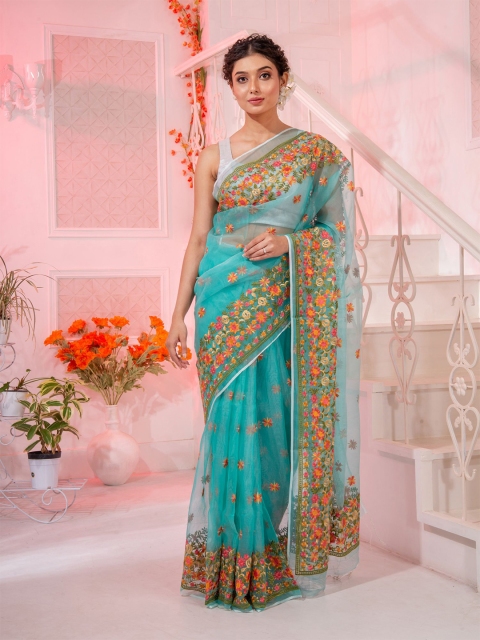 

Charukriti Blue & Pink Floral Pure Silk Saree With Unstitched Blouse Piece