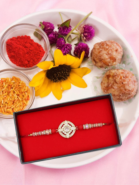 

YOUSTYLO Multicoloured Stone Studded Rakhi with Roli Chawal & Greetings Card, Red
