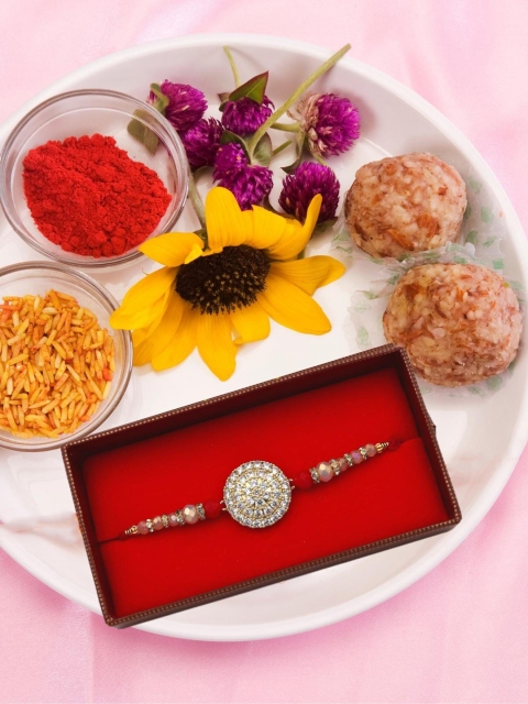 

YOUSTYLO White & Gold Rakhi with Roli Chawal & Greeting Card