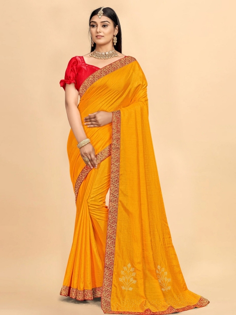 

TEREZA Women Yellow & Red Embellished Mirror Work Silk Blend Saree