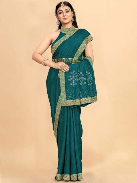 

TEREZA Teal & Gold-Toned Embellished Mirror Work Silk Blend Saree