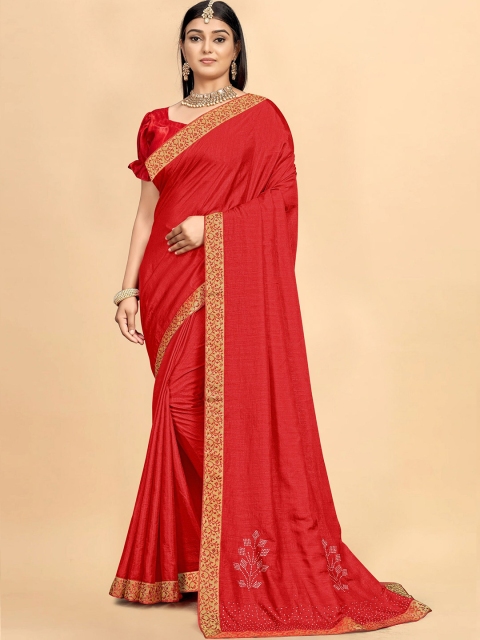 

TEREZA Red & Gold-Toned Embellished Mirror Work Silk Blend Saree
