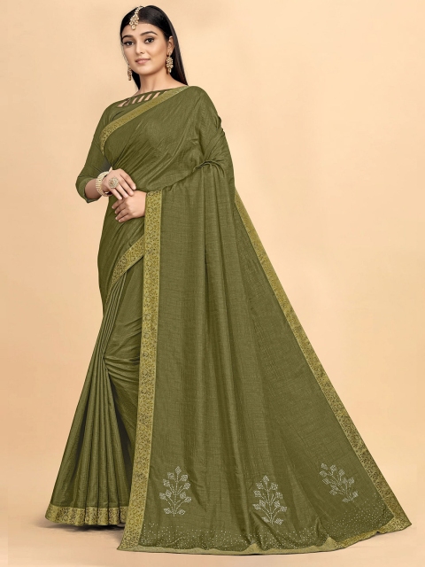 

TEREZA Olive Green & Gold-Toned Embellished Mirror Work Silk Blend Saree