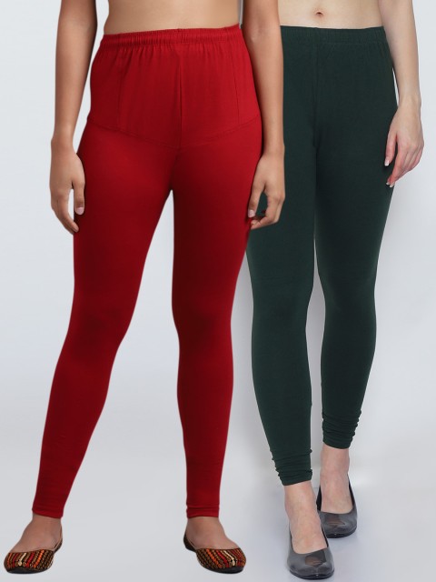 

Jinfo Women Pack Of 2 Green & Maroon Solid Churidar Length Leggings