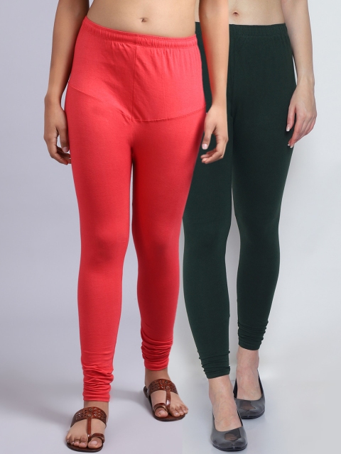

Jinfo Women Pack of 2 Solid Churidar Length Leggings, Green