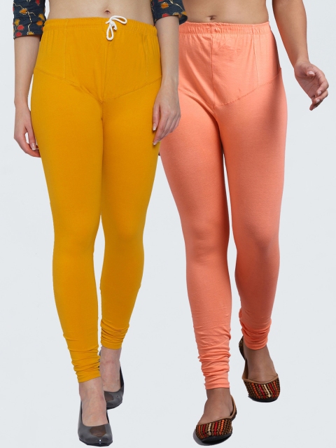 

Jinfo Women Pack Of 2 Peach & Yellow Solid Churidar Length Leggings