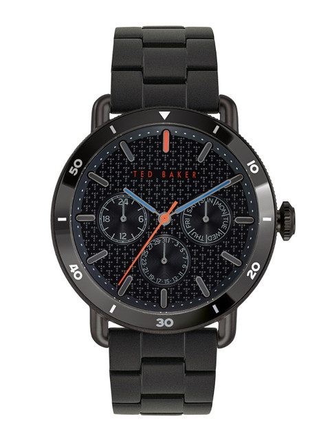 

Ted Baker Men Black Embellished Dial & Black Stainless Steel Bracelet Style Straps Analogue Watch