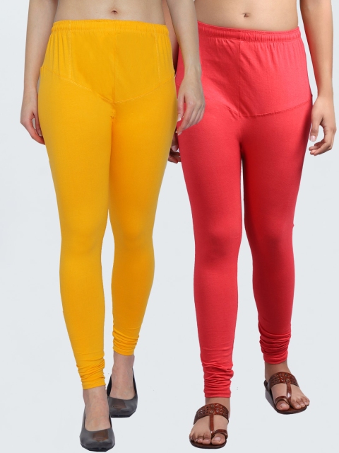 

GRACIT Women Pack Of 2 Yellow & Orange Solid Churidar lycra Solid Belt legging