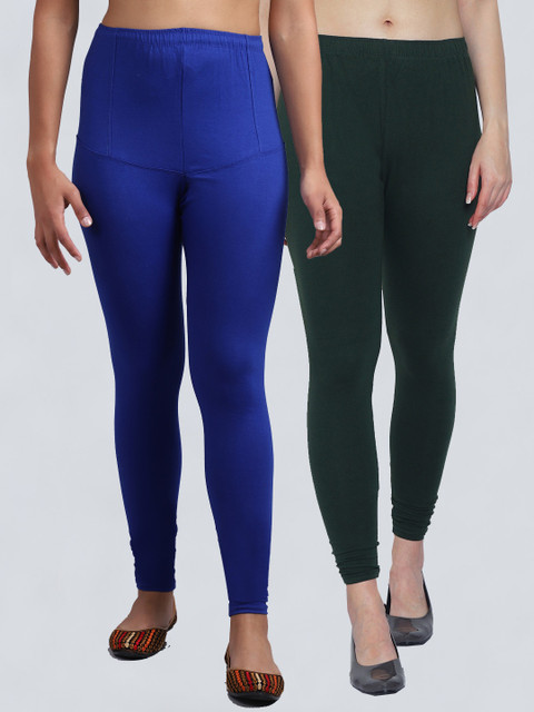 

GRACIT Women Blue Black Pack Of 2 Solid Churidar-Length Cotton Leggings