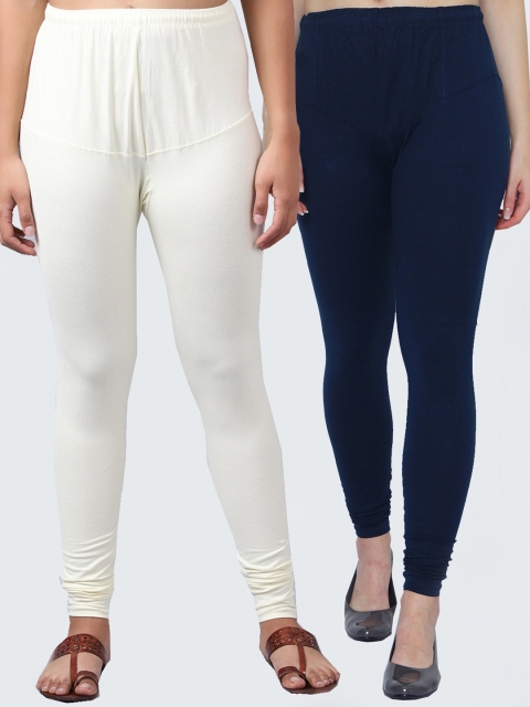 

GRACIT Women Pack Of 2 Blue & Off-White Solid Ankle Length Leggings, Navy blue