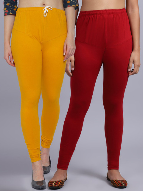 

GRACIT Women Pack Of 2 Maroon & Yellow Solid Churidar-Length Leggings