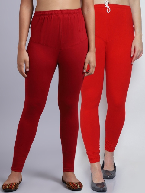 

GRACIT Women Pack of 2 Red & Maroon Solid Churidar Leggings