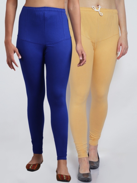 GRACIT Women Pack Of 2 Blue & Beige-Colored Solid Leggings