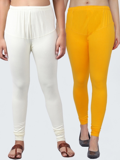 

GRACIT Women Pack of 2 Yellow, White Solid Churidar-Length Leggings