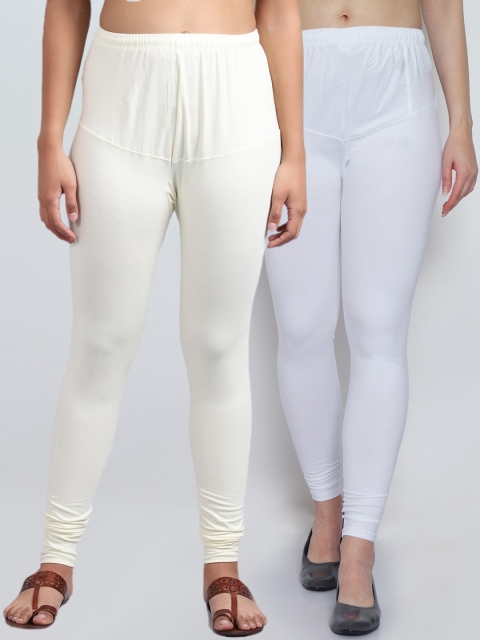 

GRACIT Women Pack Of 2 White & Off-White Solid Churidar Length Leggings