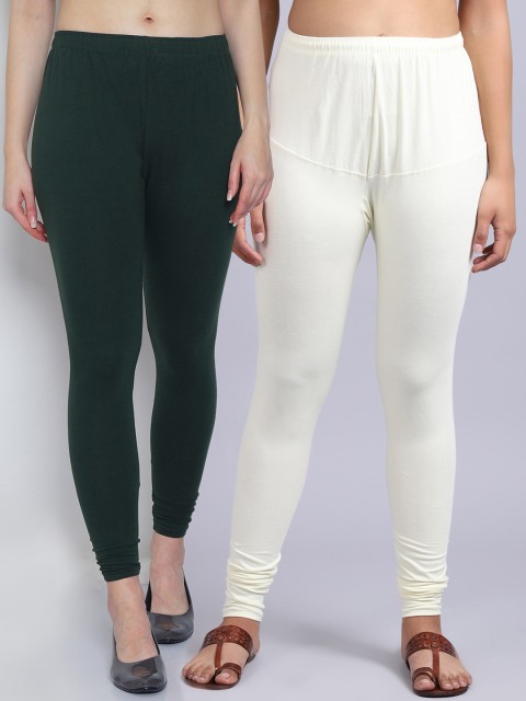 

GRACIT Women Pack Of 2 Green & Off White Solid Churidar Leggings