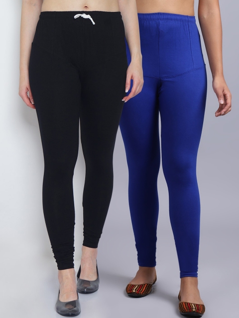 

GRACIT Women Pack Of 2 Black & Blue Solid Churidar Length Leggings With Drawstring closure