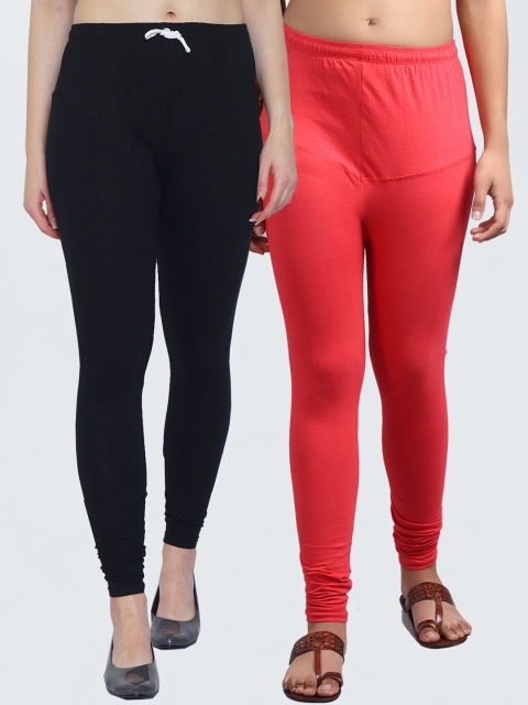 

GRACIT Women Pack Of 2 Black & Orange Colored Solid Churidar Length Leggings