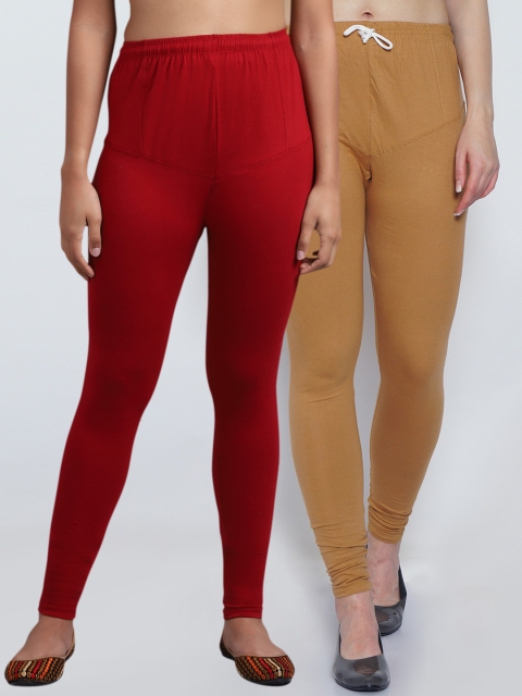 

GRACIT Women's Pack Of 2 Solid Churidar-Length Leggings, Maroon