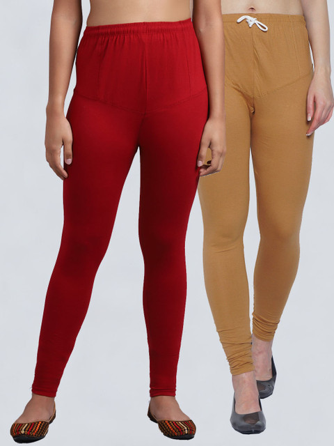 

GRACIT Women Pack Of 2 Solid Churidar Leggings, Maroon