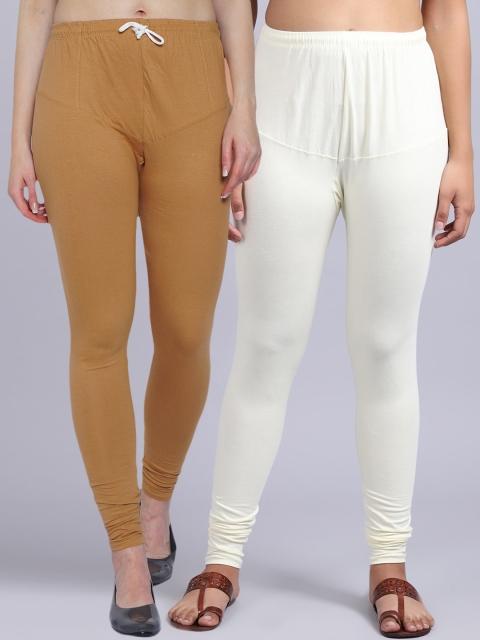 

GRACIT Women Pack Of 2 Beige & White Solid Churidar-Length Leggings