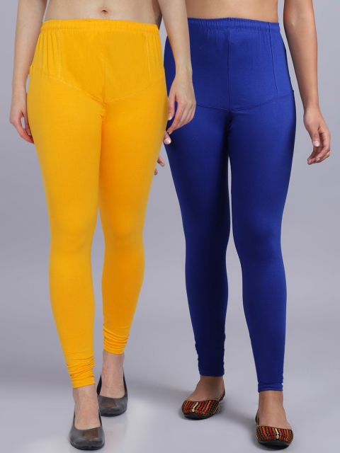 

GRACIT Women Pack Of 2 Blue & Yellow Solid Churidar Length Leggings